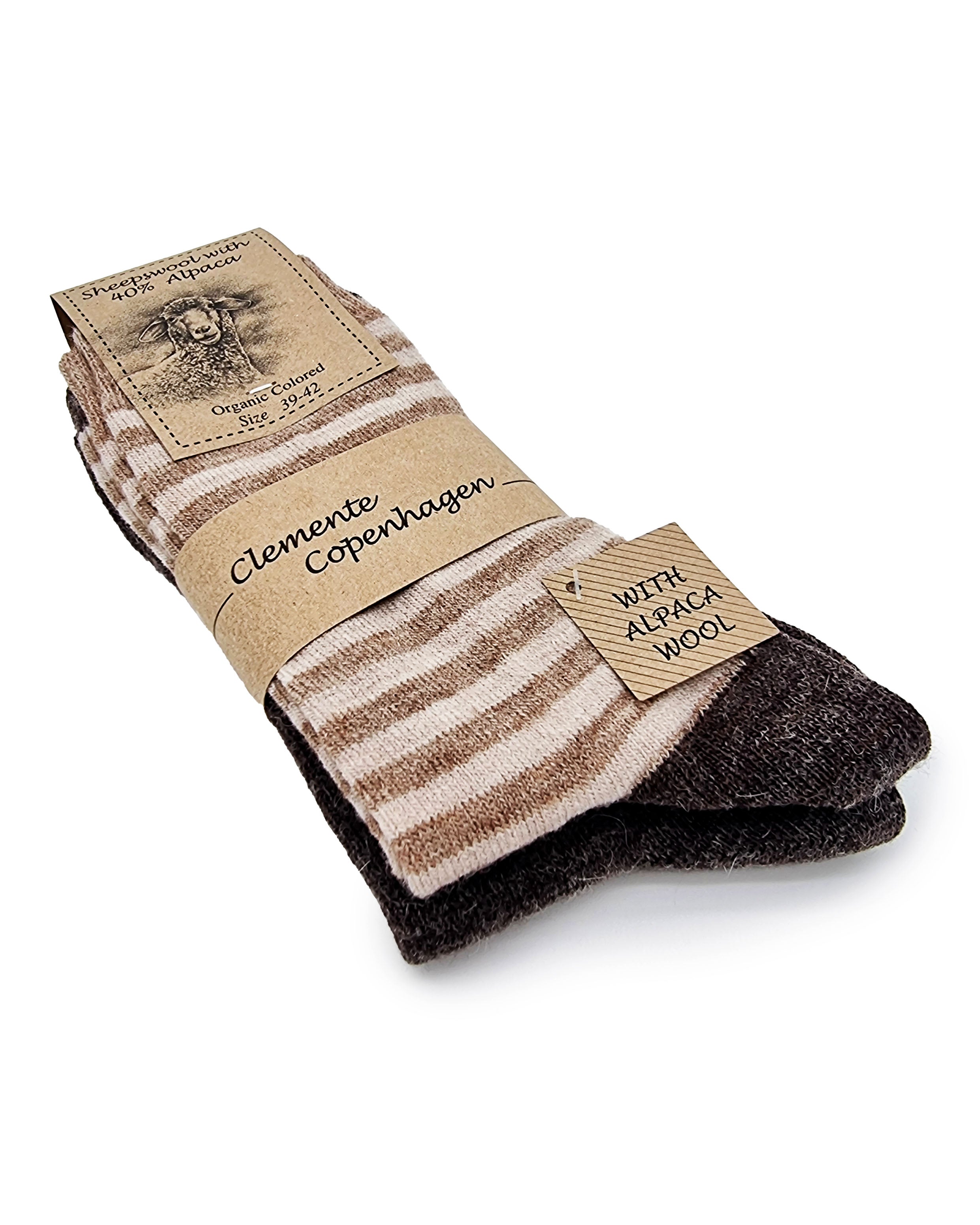 Striped alpaca wool socks, 2 pairs (brown/beige)
