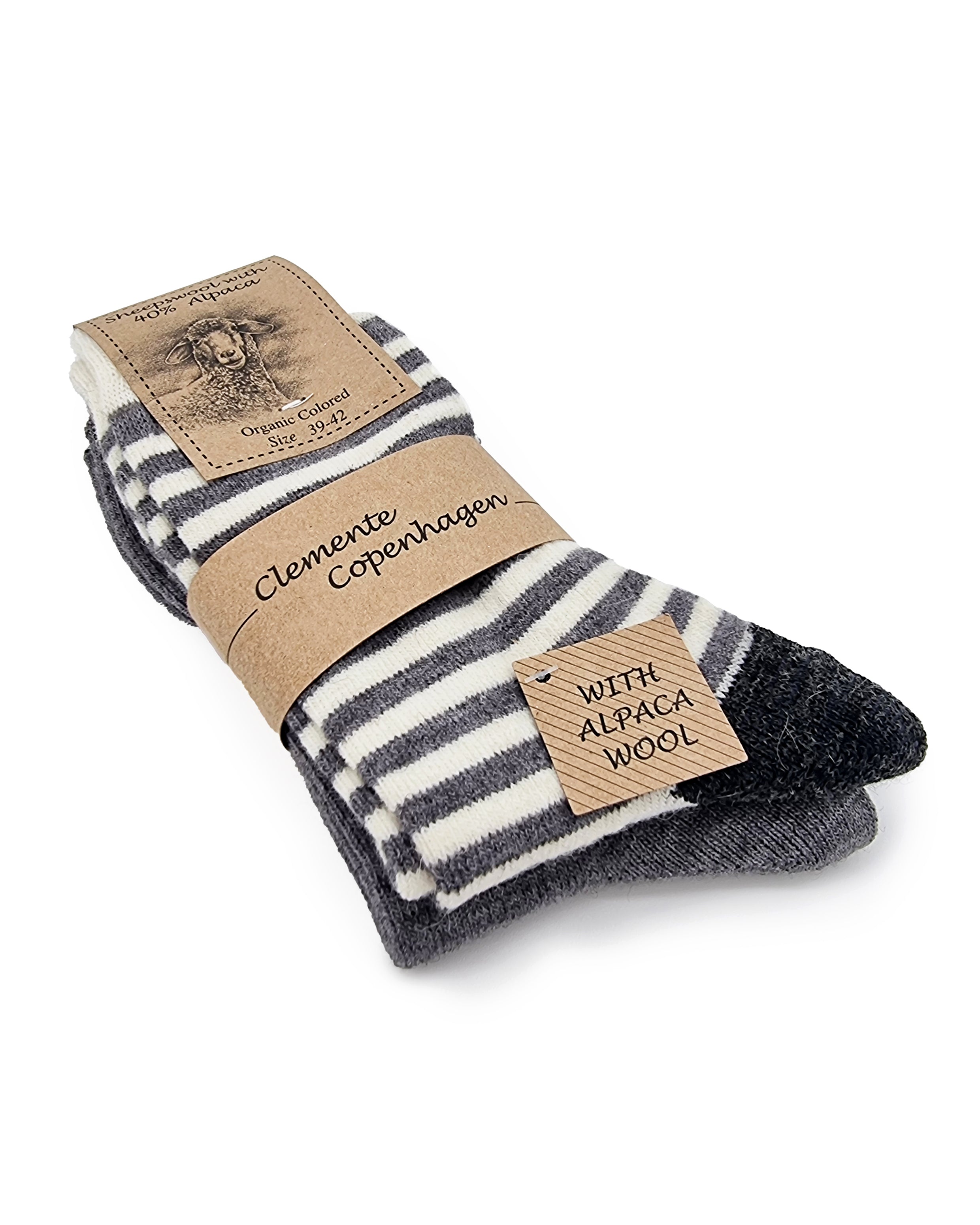 Striped alpaca wool socks, 2 pairs (white and gray)