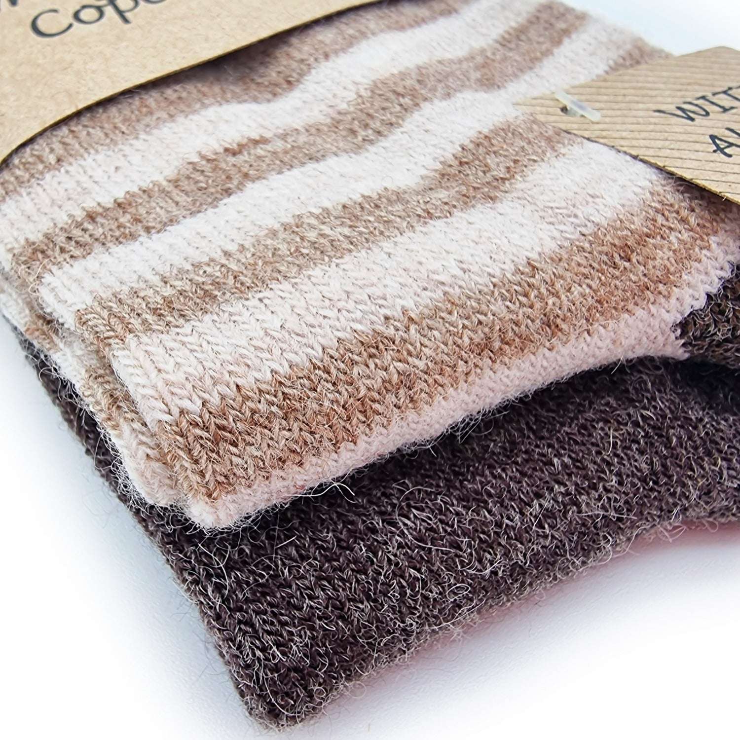 Striped alpaca wool socks, 2 pairs (brown/beige)