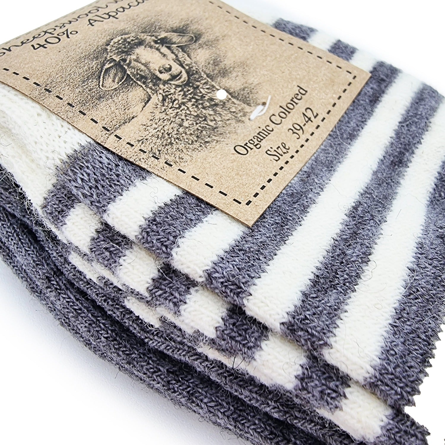 Striped alpaca wool socks, 2 pairs (white and gray)