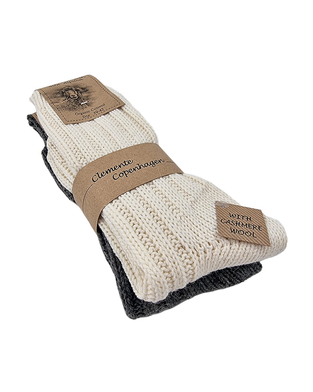 Thick alpaca wool socks, white and grey, pack of 2 pairs