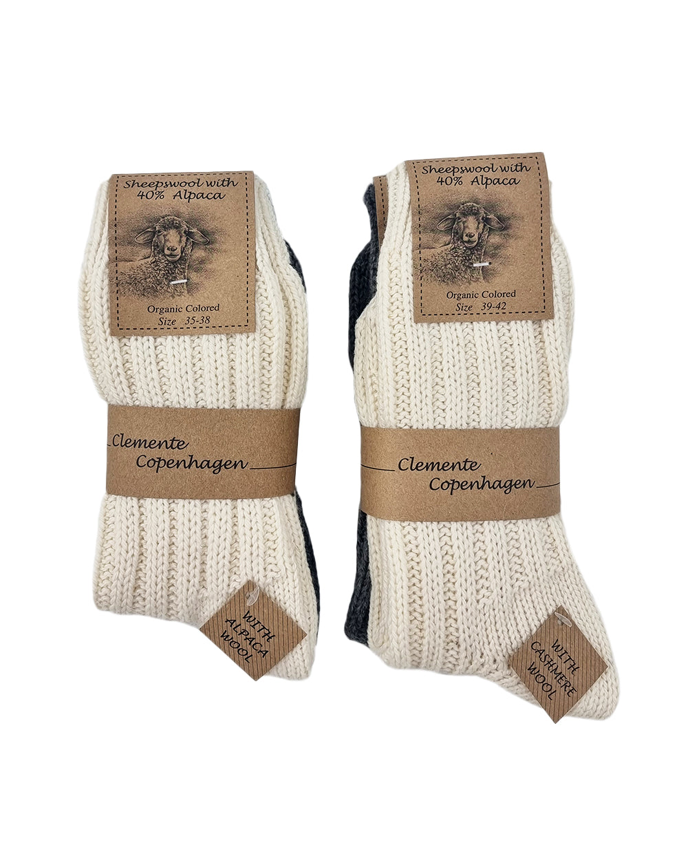 Thick alpaca wool socks, white and grey, pack of 2 pairs