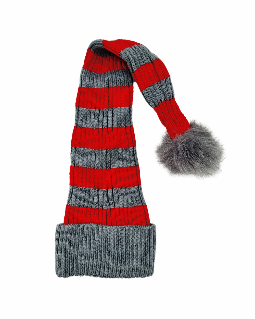 Bonnet de Père Noël Tricoté à plat, rouge & gris