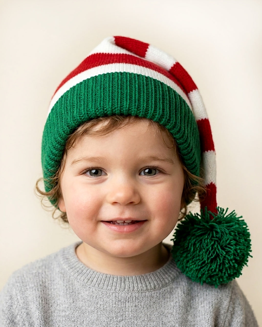 Bonnet de Père Noël Tricoté à plat pour tout-petits vert/rouge/blanc