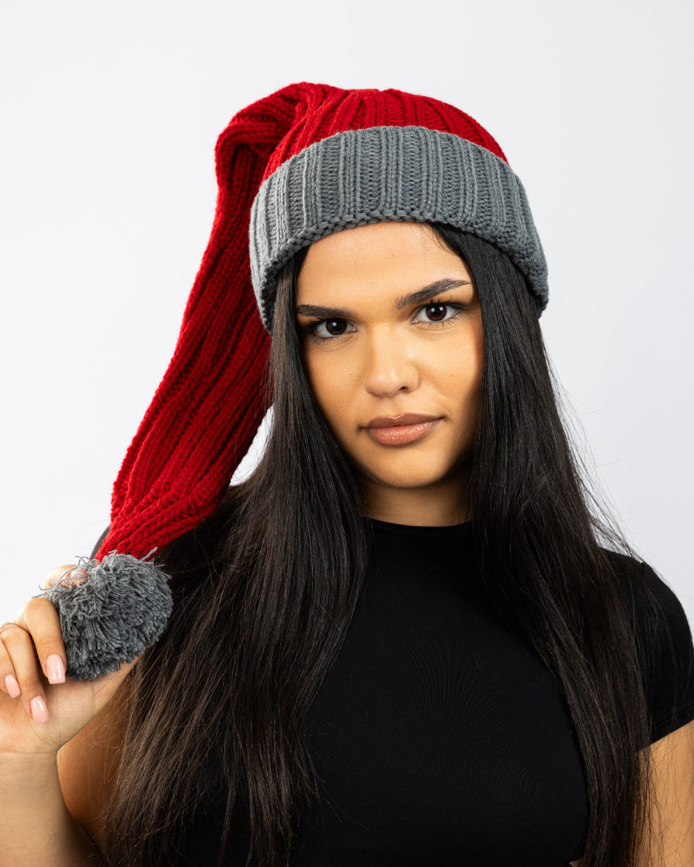 Bonnet de Père Noël Tricoté, rouge / gris