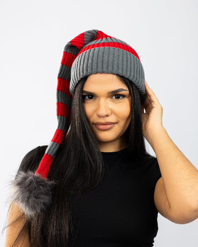 Flat knitted Santa Hat Red & Grey striped