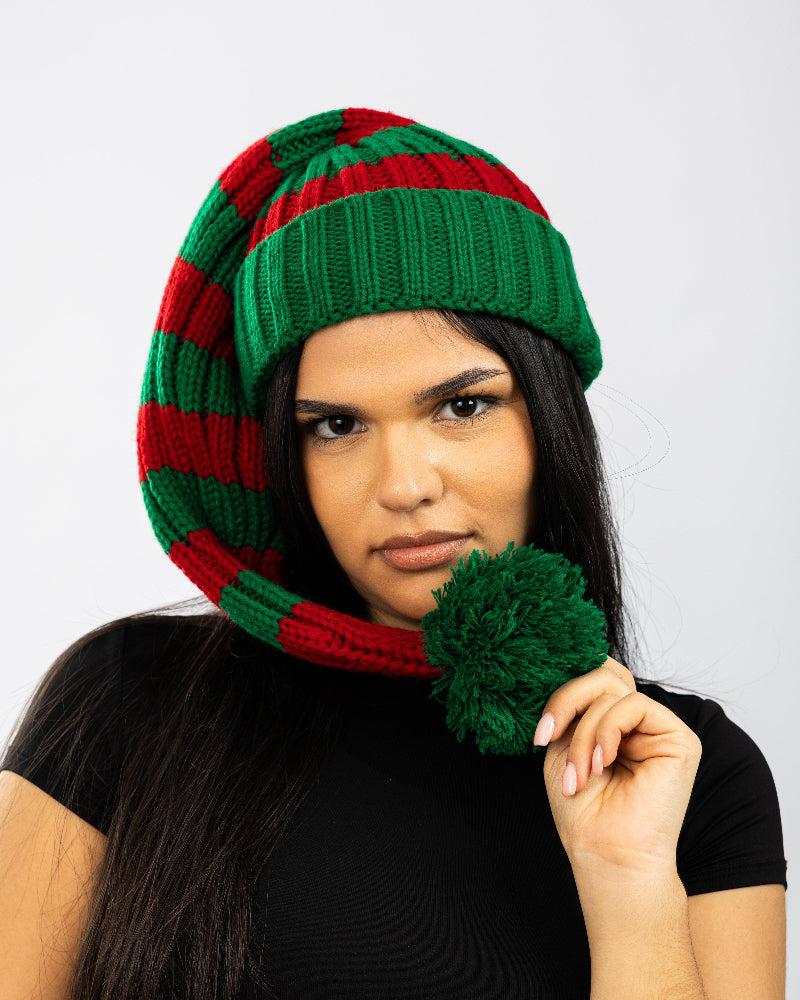 Bonnet de Père Noël Tricoté, rouge/vert avec rayures
