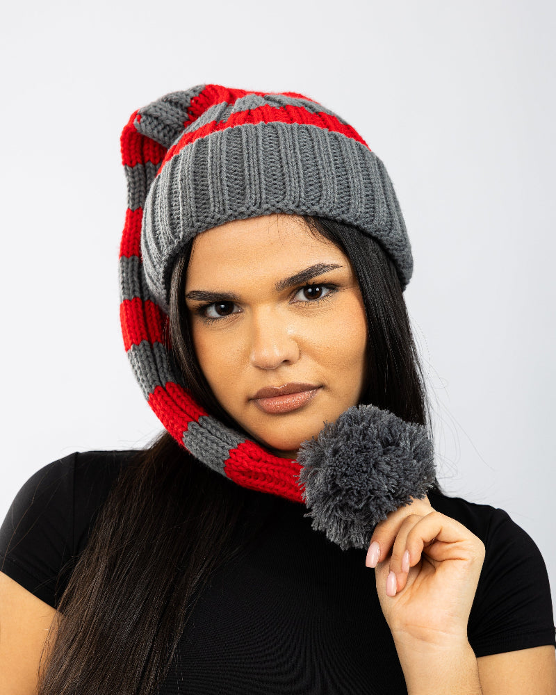 Bonnet de Père Noël Tricoté, rouge/gris