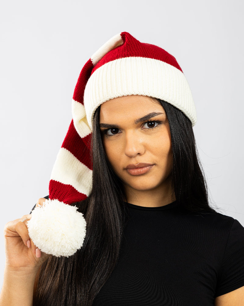 Flat knitted Santa Hat White & Red striped