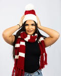 Red scarf with white stripes