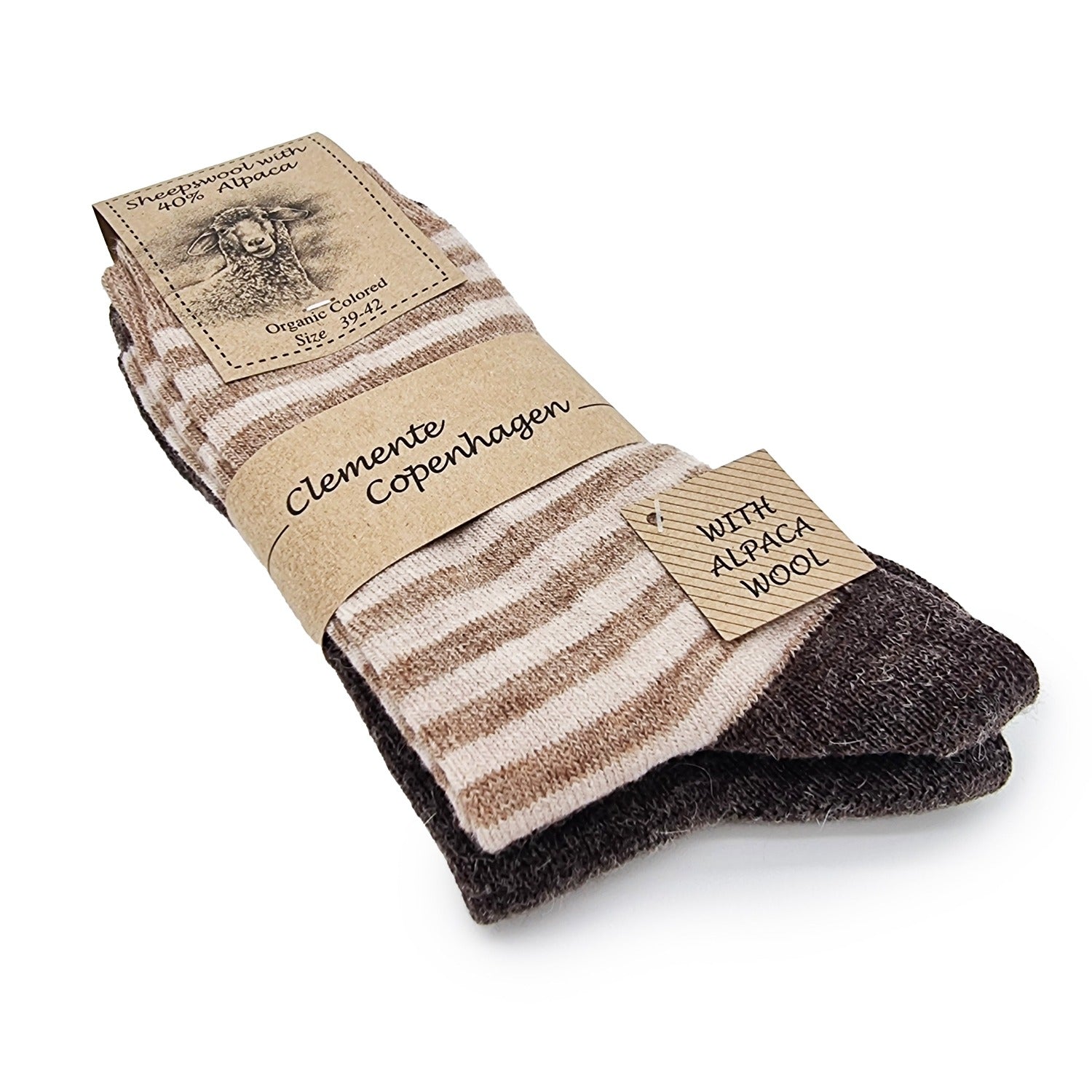 Striped alpaca wool socks, 2 pairs (brown/beige)