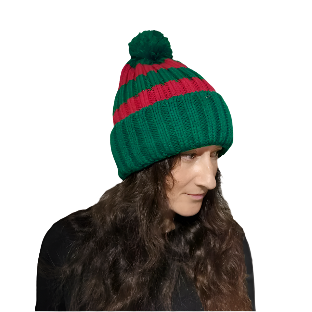 Bonnet de père Noël tricoté à rayures, rouge / vert