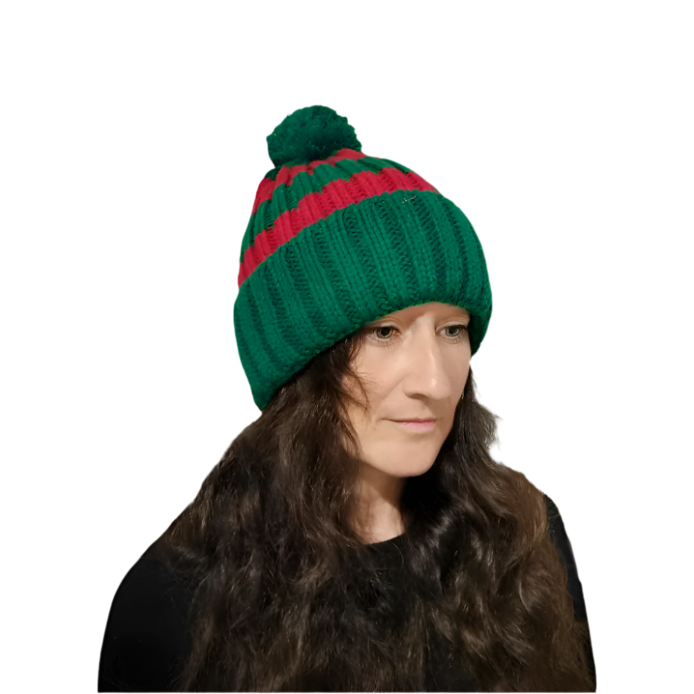 Bonnet de père Noël tricoté à rayures, rouge / vert