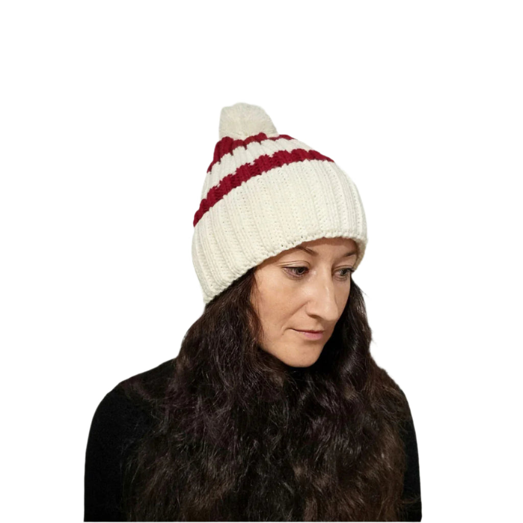 Bonnet de père Noël tricoté à rayures, rouge / blanc