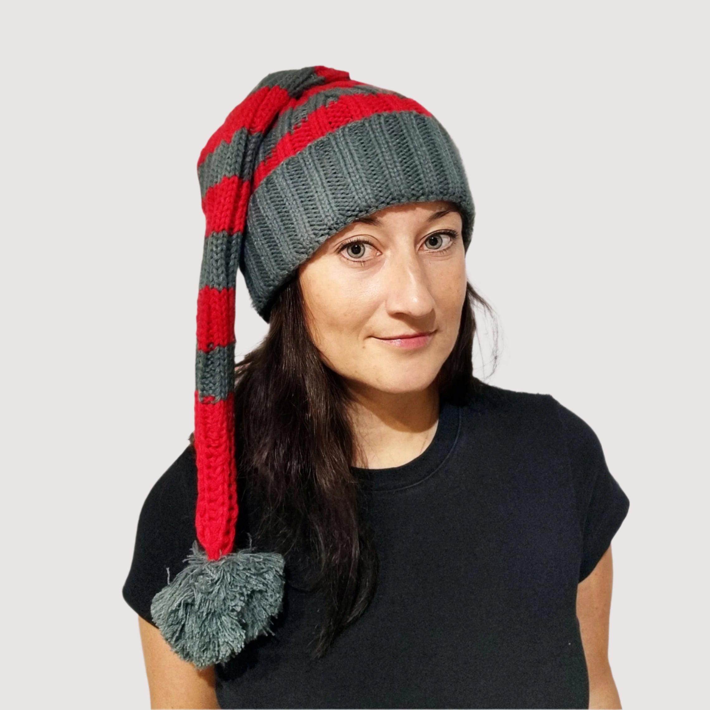 Bonnet de Père Noël Tricoté, rouge/gris