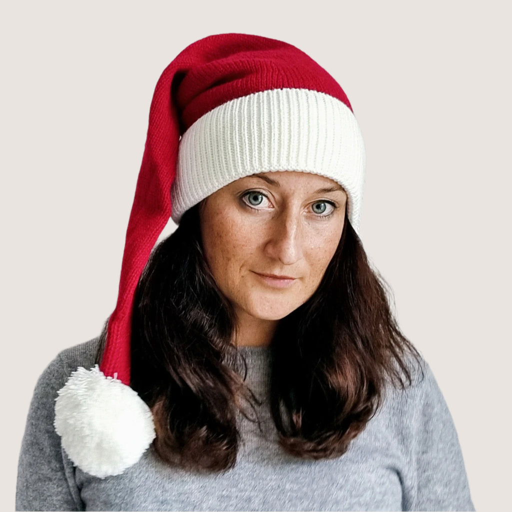 Bonnet de Père Noël Tricoté à plat, rouge/blanc