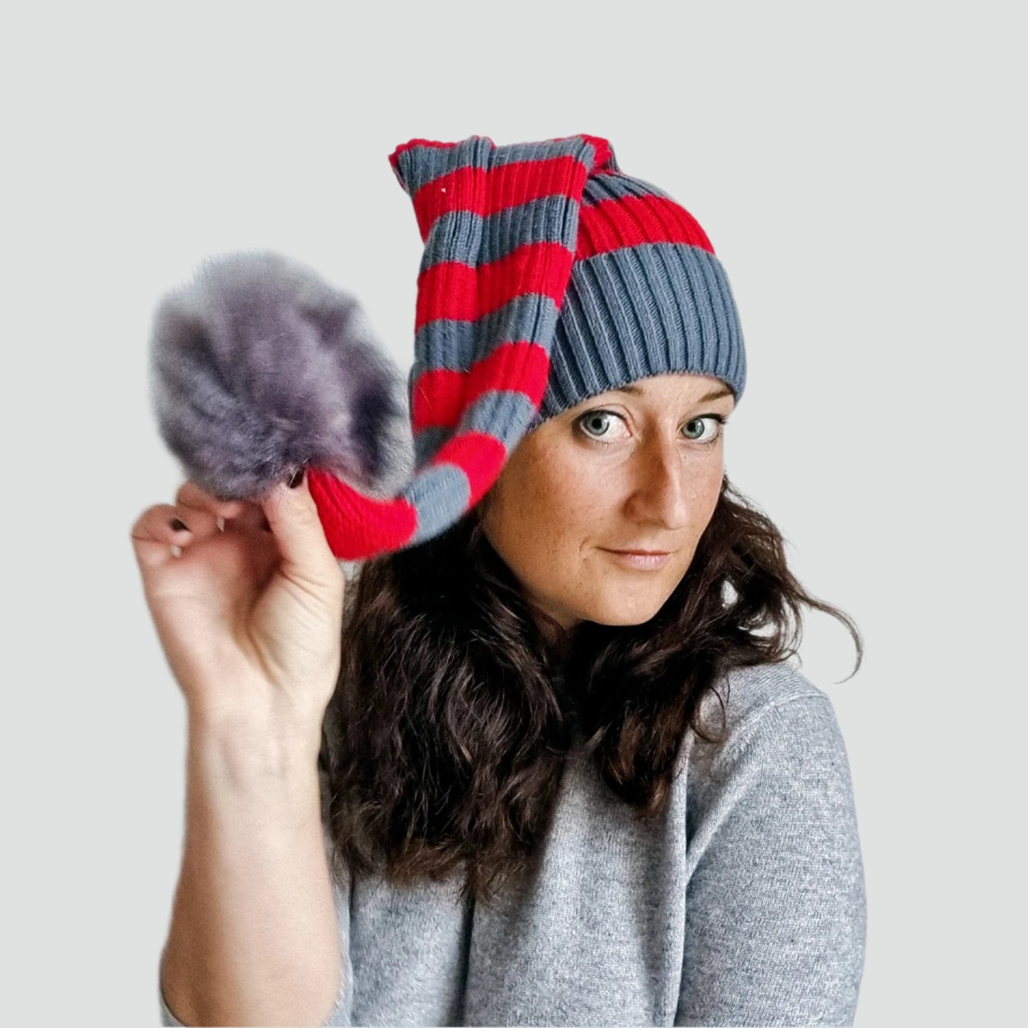 Bonnet de Père Noël Tricoté à plat, rouge & gris
