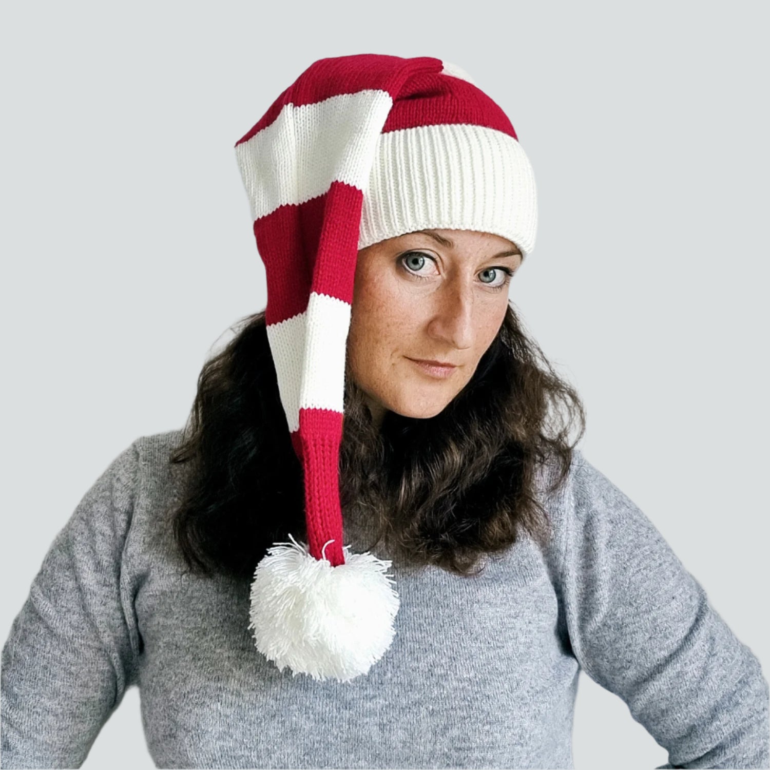Bonnet de Père Noël Tricoté à plat, blanc/rouge
