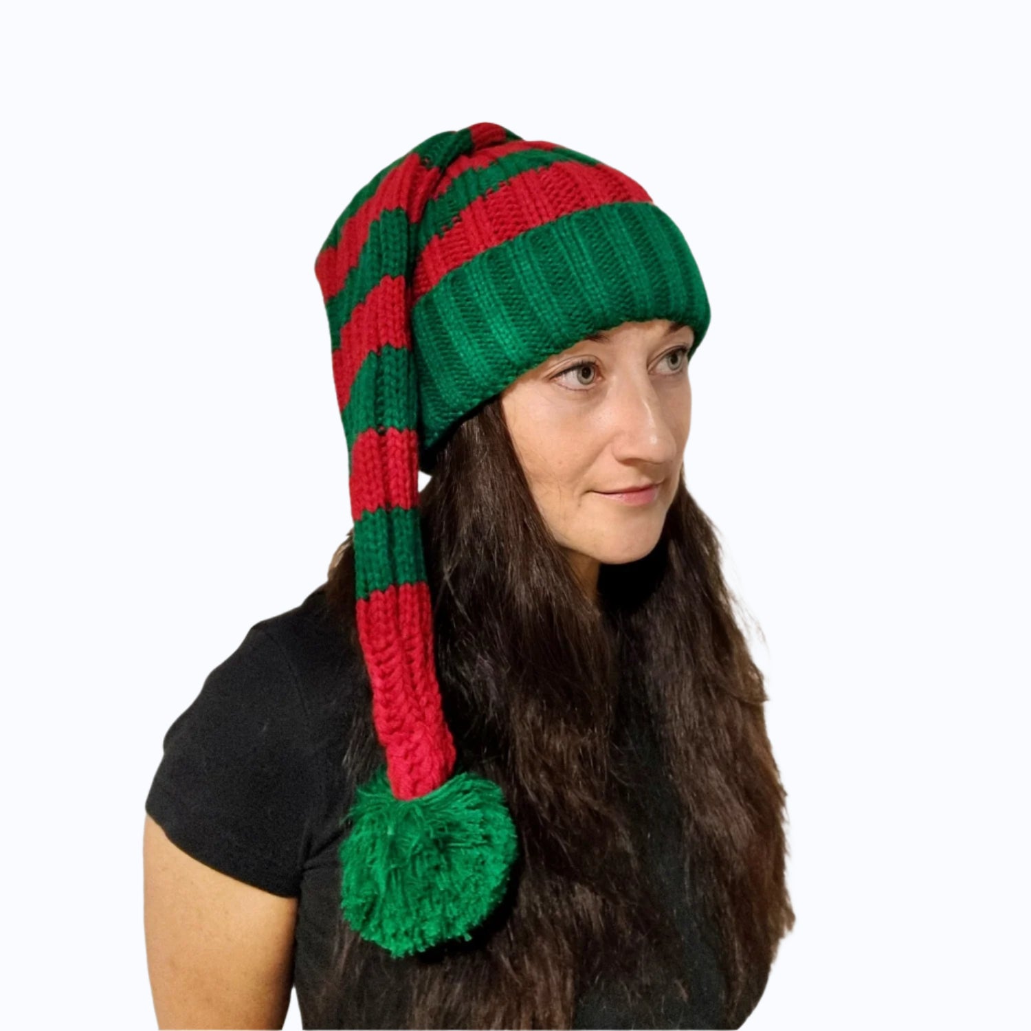 Bonnet de Père Noël Tricoté, rouge/vert avec rayures