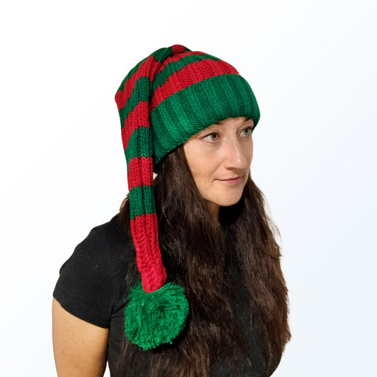 Bonnet de Père Noël Tricoté, rouge/vert avec rayures