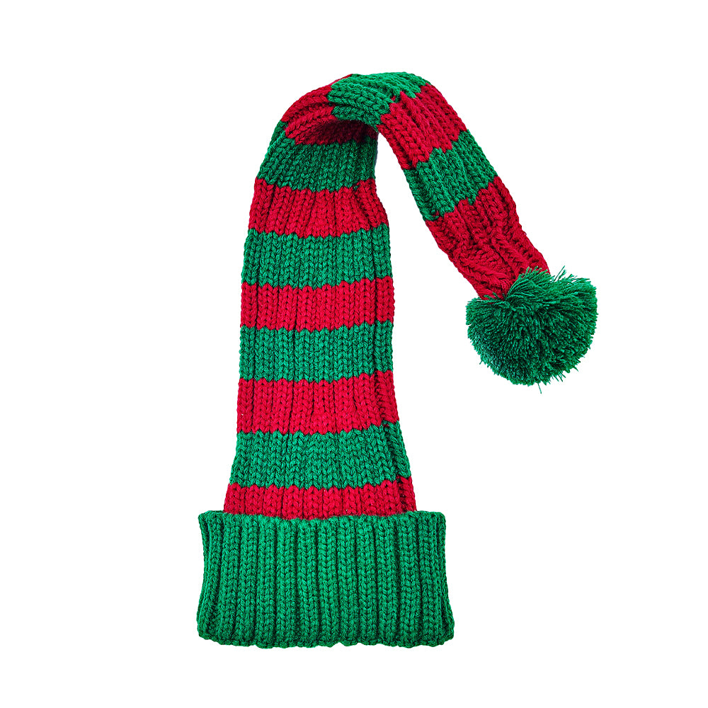 Bonnet de Père Noël Tricoté rouge / vert avec rayures