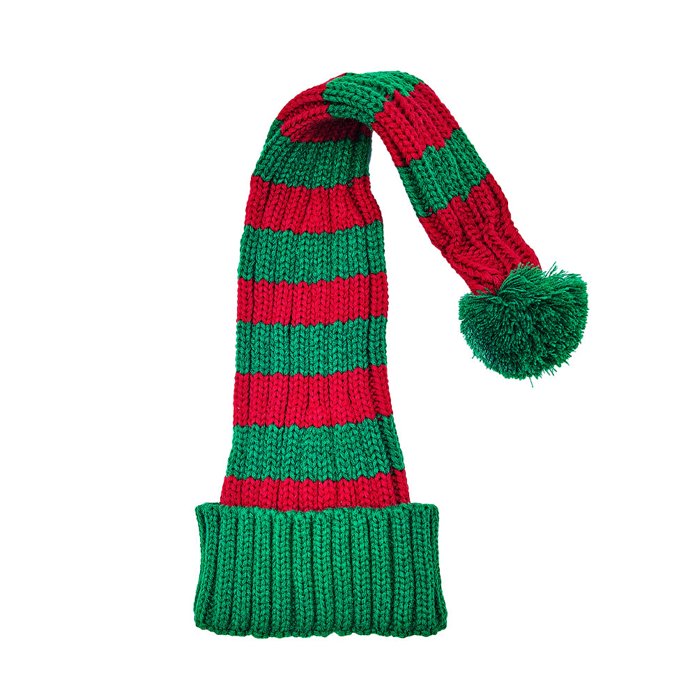 Bonnet de Père Noël Tricoté, rouge/vert avec rayures