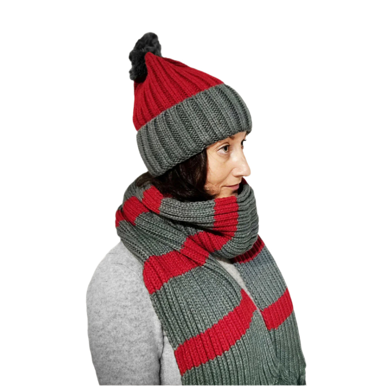 Bonnet de père Noël tricoté, rouge / gris
